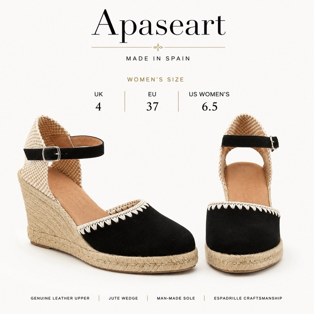 Apaseart Women's Black Suede Leather Espadrille Wedge Ankle Strap Shoes EU 37
